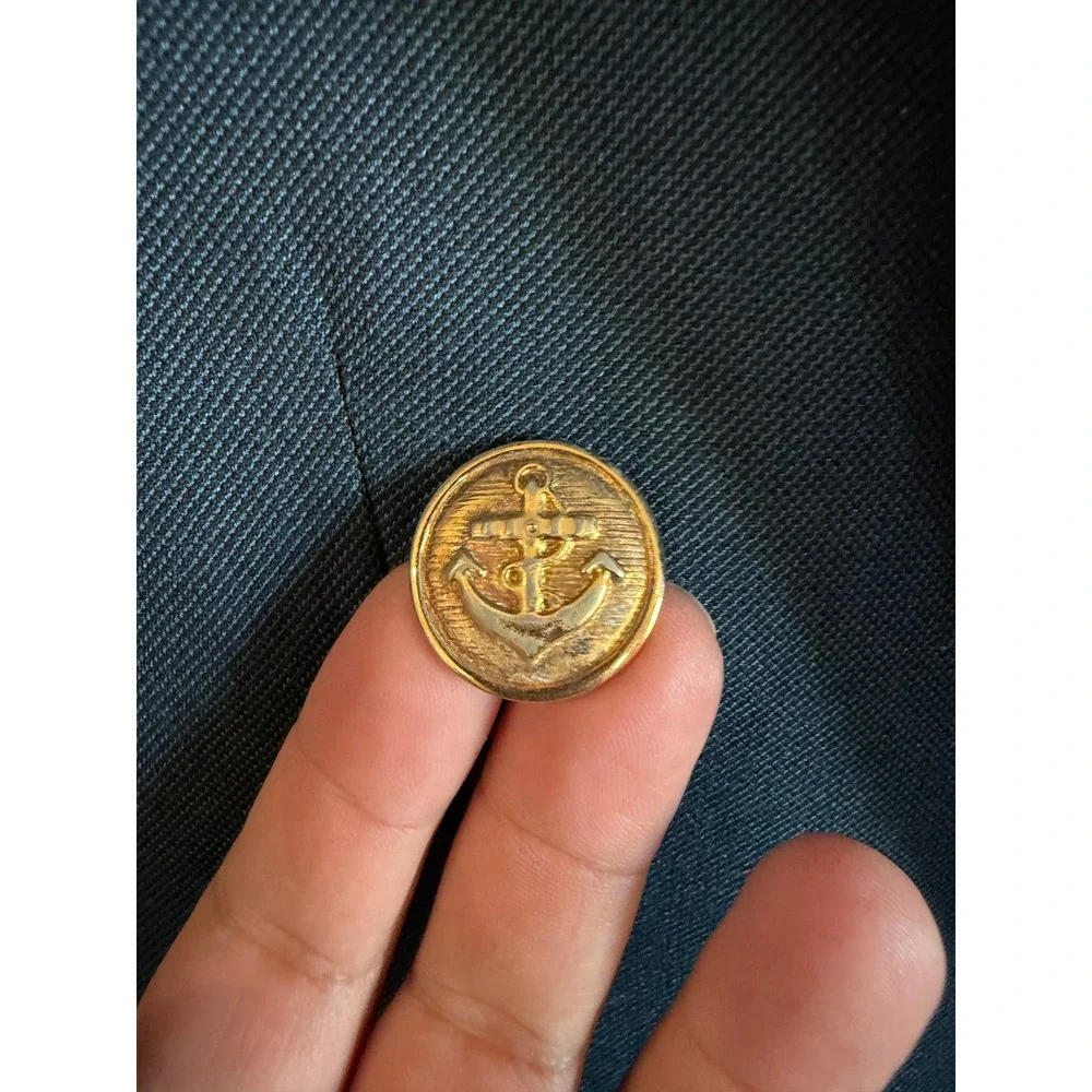 Vintage Mens Navy Blue Double Breasted Blazer Gold Anchor Buttons Nautical
